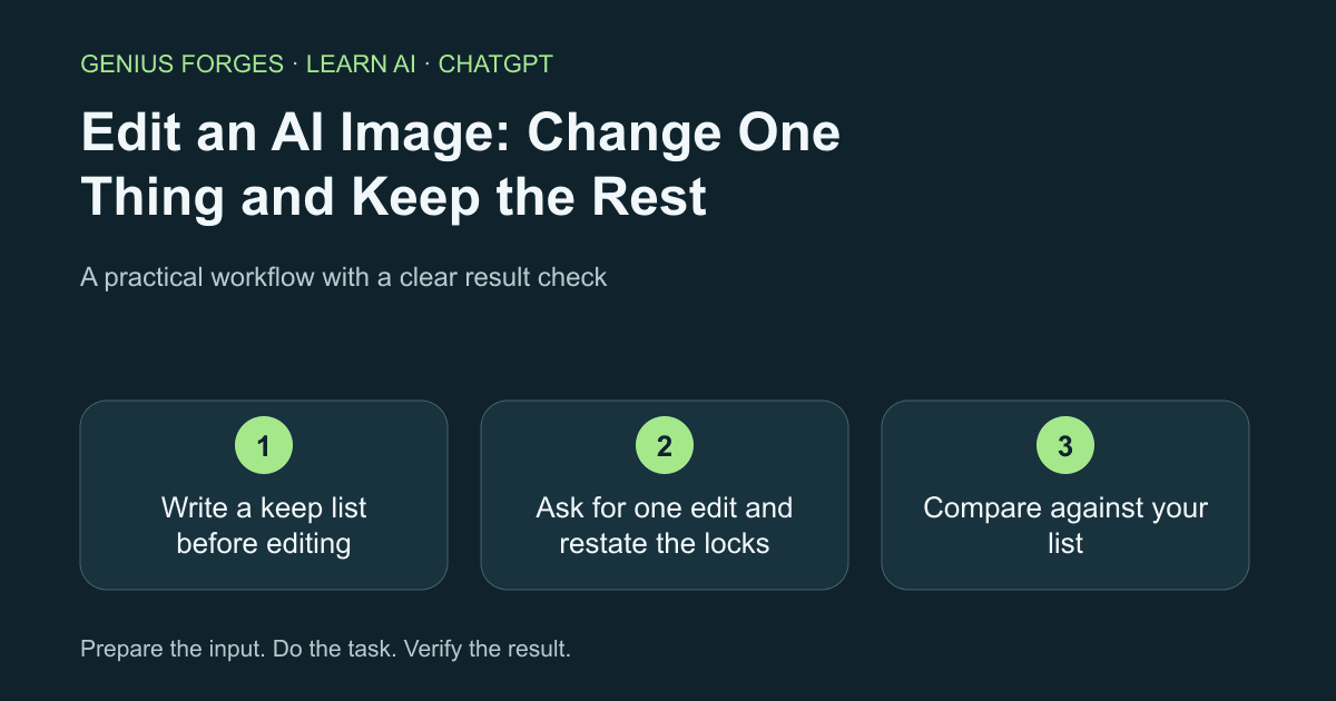 Cover with the lesson title and its three steps: Write a keep list before editing, Ask for one edit and restate the locks, Compare against your list.