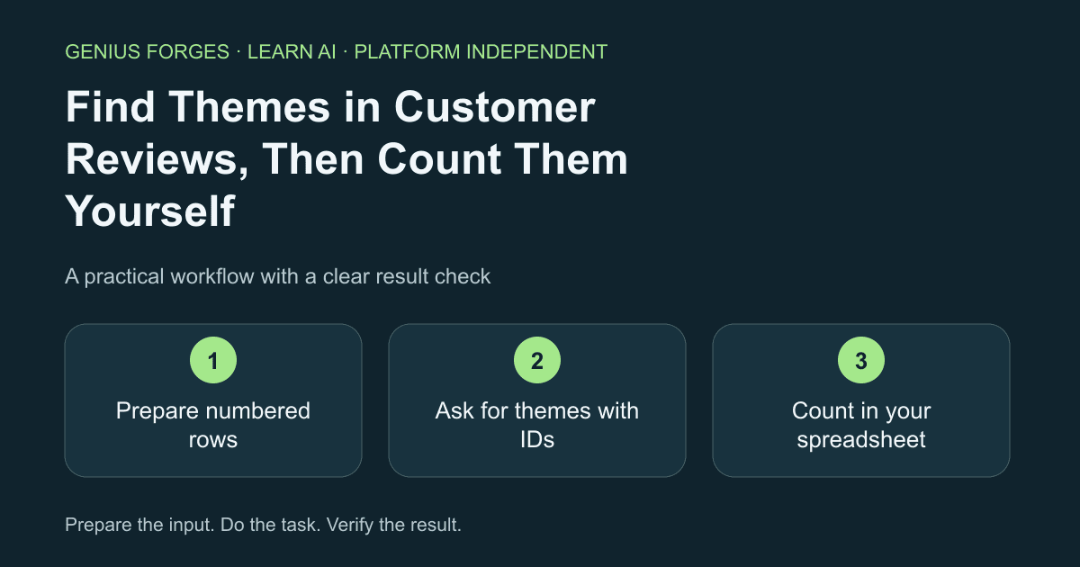 Cover with the lesson title and its three steps: Prepare numbered rows, Ask for themes with IDs, Count in your spreadsheet.