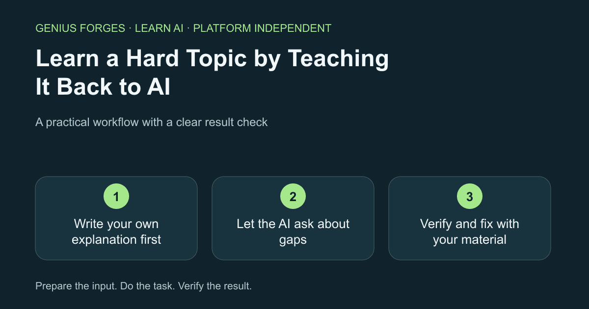 Cover with the lesson title and its three steps: Write your own explanation first, Let the AI ask about gaps, Verify and fix with your material.