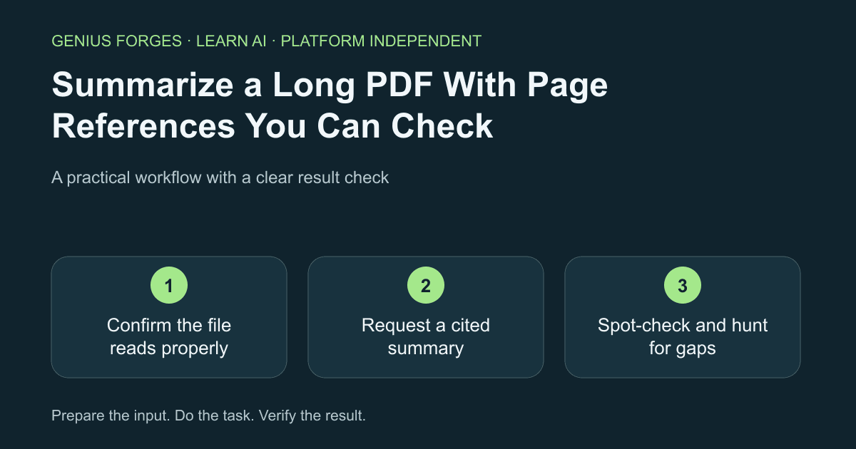 Cover with the lesson title and its three steps: Confirm the file reads properly, Request a cited summary, Spot-check and hunt for gaps.