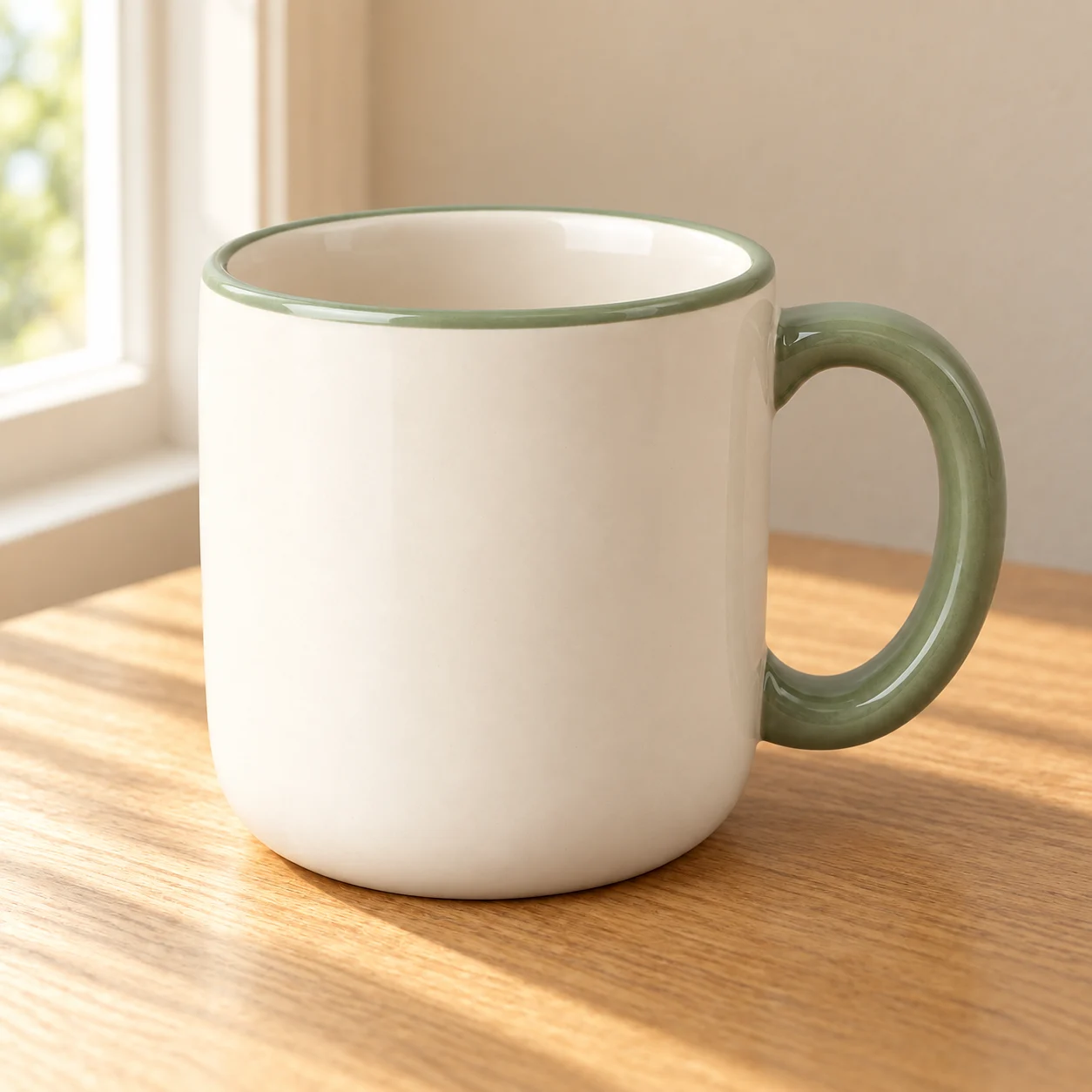 An image-edit result showing the same fictional cream mug with a sage-green handle and rim, on an oak tabletop by a window
